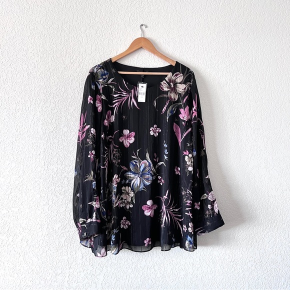 NWT Lane Bryant Long Sleeve Sheer Metallic Floral Top Size 26/28 - Picture 1 of 11